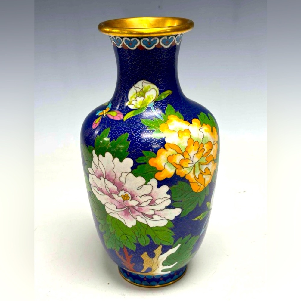ESTATE PIECE: STUNNING Cloisonné Enamel & Brass Vase, Cobalt Blue Floral